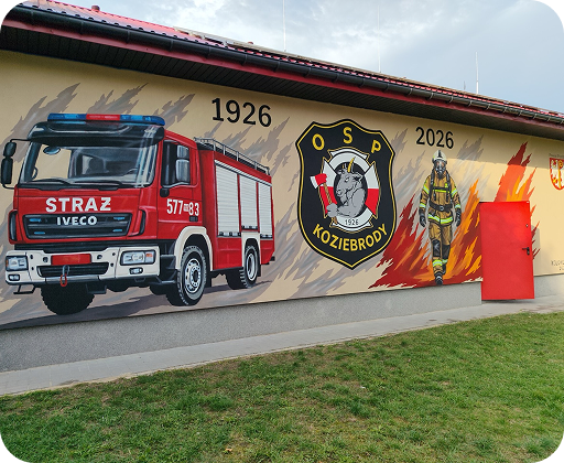 Mural strażacki na budynku OSP